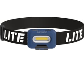 Scangrip Head Lite A pandelampe med 150 lumen, viser den blå enhed med lys og justerbar sort rem med hvid tekst.