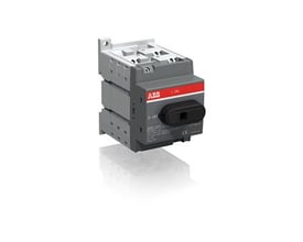 ABB 4-polet DC-bryder på 32A og 1200VDC monteret på en grå bundplade med et rødt og hvidt ABB logo. Drejegrebet er sort og viser 'O-OFF' og 'I-ON'.