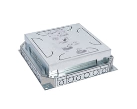 Legrand indstøbningsboks til gulvboks med firkantet metaldæksel med monteringsinstruktioner, beregnet til fliser og marmor.