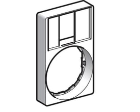 Teknisk tegning af en Schneider Electric sort skilteholder til 18x27mm skilte, der viser dens dimensioner og monteringsdetaljer.