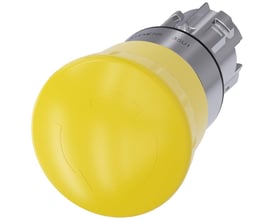 Siemens paddehattrykknap i skinnende gul med 40mm diameter og 22mm rund metalmontering.