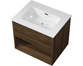 Sanibell Proline møbelsæt i cabana eg med 61cm bredde, 1 skuffe og åben hylde, hvid porcelænsvask.