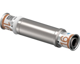 Uponor S-Press PLUS skydemuffe på 16 mm set skråt fra siden med sølvfarvede muffer og mærkning.