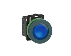 Schneider Electric Harmony XB5 flush trykknap med blå LED lys og grøn kant på 230V, med 1NO-1NC kontaktelementer.