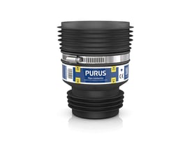 Purus kobling med gummi plug-in til spildevandsrør vist fra siden, med tydelig markering af dens fleksible gummi og strammemekanisme.