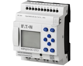 Eaton EASY-E4-DC-12TC1 kontrolrelæ med display, knapper og tilslutningsterminaler på hvid baggrund.