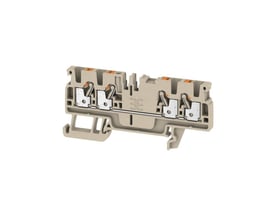 Detaljeret billede af Weidmüller A4C gennemgangsklemme, viser den beige farve og interne fjederterminaler.