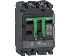 Schneider Electric ComPacT NSX250N maksimalafbryder i 3P 3d, med 160A termisk-magnetisk relæenhed og grøn afbryder på mørk baggrund.