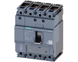Siemens 4-polet maksimalafbryder 3VA1, 160A, med en brydeevne på 70kA og TM240 anlægsbeskyttelse monteret på en DIN-skinne.