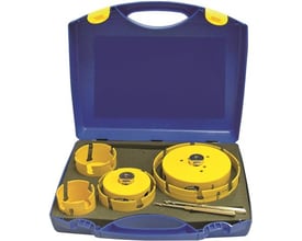 PRO-FIT Multi Purpose HM hulsavsæt med 8 dele, inklusive 86-210 mm HM hulsave i en åben blå kuffert.