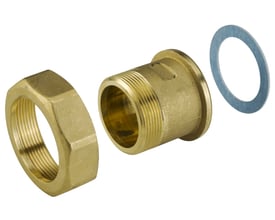 Danfoss gevindnippel til AB-QM ventiler, adskilt i tre dele: messingnippel, messingomløber og blå pakning.