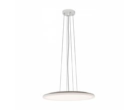 SpectrumLED Nymphea Flat Duo LED-loftslampe med rund, hvid kant, vist hængende i lange wirer.