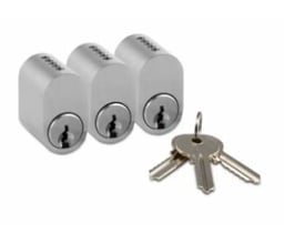 Tre ovale cylindere med 5 stifter i matnikkel finish, inklusiv tre nøgler samlet på en ring.