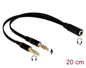 Sort Delock-headsetadapter med 3,5 mm hunstik og to 3,5 mm hanstik, vist med de tre stikender og 20 cm kabel.