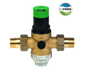 Resideo Braukmann D06F-LF trykreduktionsventil i messing med grøn top og 1 1/4" gevind, mærket blyfri.