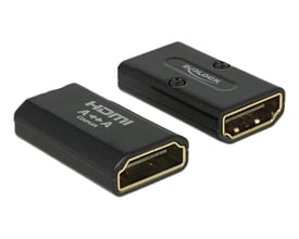 Sort DeLock HDMI 1.4-adapter med HDMI-A-hunstik i begge ender, vist fra to vinkler.