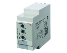 Carlo Gavazzi multifunktionstidsrelæ til 24 VDC med gråt kabinet, tre justeringsknapper og stikben.