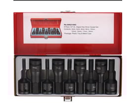 Tecos 1/2" XL75MM krafttopsæt med 9 dele i metalæske med 9 sorte, fosfaterede unbrako-toppe i forskellige størrelser.