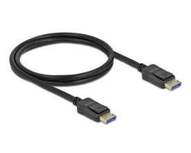 Sort DisplayPort-kabel fra DeLock med ABS-huse og to stik, vist oprullet.