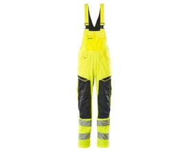 Mascot overall i Hi-Vis gul og sort med justerbare seler, reflekser og forstærkede knælommer.