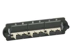 Lauritz Knudsen HD montageplade med 3xSC duplex MM fiberadaptere, beige og sorte detaljer, nummereret fra 07 til 12.