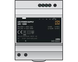 Niko Home Control modulær strømforsyning på 24VDC og 100W, vist med detaljeret mærkat og CE-mærkning.