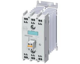 Siemens 3RF2 solid-state kontaktor med 3-faset design og 10A kapacitet, vist med køleplade og tydelige mærkninger.