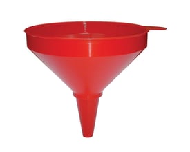 Den røde Kabi plasttragt model 1215, 250 mm, er vist fra siden med fokus på tragtens koniske form og udløb.