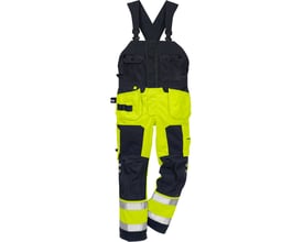 Fristads håndværkeroveralls 1075 i hi-vis gul og marine, størrelse C52, med seler, lommer og refleksbånd.