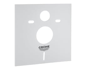 Grohe lyddæmpersæt i hvid plast, 420x420mm, vist med logo og tydelige udskæringer til montering på væg.