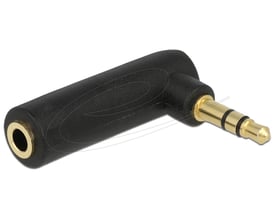 Sort, vinklet DeLock audioadapter med 3,5 mm stereojack, hanstik og hunstik set skråt fra siden.