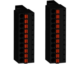 To sorte Schneider Electric aftagelige klemrækker med orange fjederterminaler på hvid baggrund.