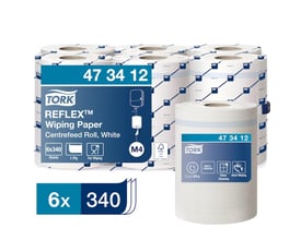 Tork Reflex Centrefold aftørringspapir rulle med etikette, der viser 6x340 ark, 1-lags og anvendelsesikoner, isoleret på hvid baggrund.