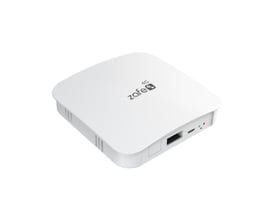 Zafe gateway 4G med hvidt, afrundet kabinet, set skråt forfra med netværksport og statuslamper synlige.