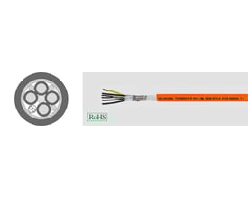 HELUKABEL TOPSERV 112 PVC styrekabel med orange kappe, vist med tværsnit og afskåret ende, der viser ledere og afskærmning.