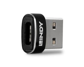 Lindy USB 2.0 Type A til C-adapter i sort og sølvfarvet metal med sort tekst. Adapteren er vist med USB-A-stikket til højre og en sort USB-C-port til venstre.