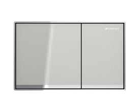 Geberit Omega60 betjeningsplade i sand grey glas med to blankforkromede skylleknapper, 184x114mm.