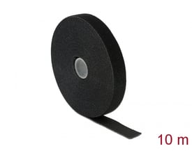 DeLock velcrobånd på rulle, sort, 10 meter langt og 20 mm bredt, ideelt til kabelbundtning og fastgørelse.