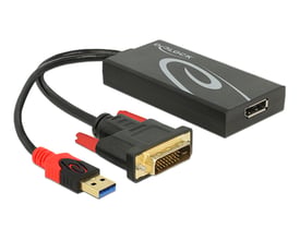 Sort DeLOCK DVI 24+1 til DisplayPort 1.2-adapter med kort kabel, DVI-stik, DisplayPort-port og USB-stik.