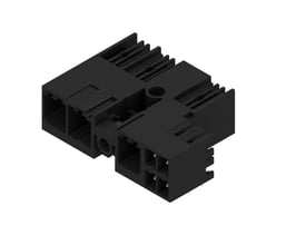 Weidmüllers sorte hybridkonnektor til printkort med tre poler, 7,62 mm afstand og 90° vinkel, set skråt forfra.