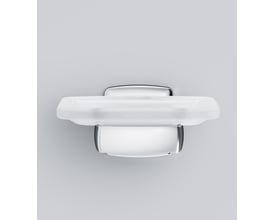 AM.PM Gem Glass sæbeskål med holder i krom med blank overflade, set forfra på grå baggrund.