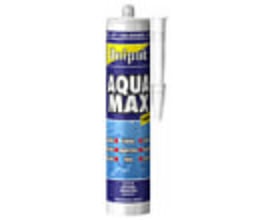 Hvid patron med lilla etiket med Unipak Aqua Max fugemasse, 425 g.