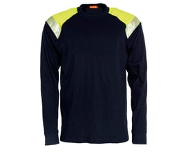 Tranemo Workwear langærmet T-shirt i marineblå med Hi-Vis gule skulderpartier og reflekser, set forfra.