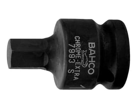 Nærbillede af Bahco 1/2" krafttop, 19 mm unbrako, med synlig chrome-extra 7993 S mærkning på den sorte overflade.