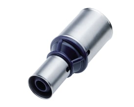 Detalje af Wavin Tigris K1 reduktion med preskobling, viser det robuste PPSU materiale og blå forseglingsring.