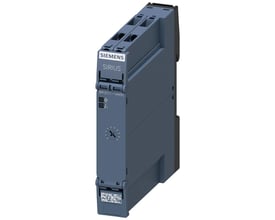 Siemens SIRIUS 3RP25 elektronisk tidsrelæ med 1CO kontakt og 0,5-10s tidsinterval på mørkeblå baggrund.