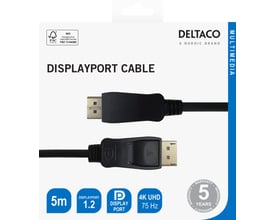 Deltaco sort DisplayPort-kabel på 5 meter vist på emballagen, hvor kabelstikkene og oplysninger om 4K fremgår.