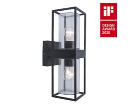 FLAIR væglampe med dobbelt lys, 40 watt, E27 fatning og glascylindre. Lampen er sort og har vundet iF DESIGN AWARD 2020.