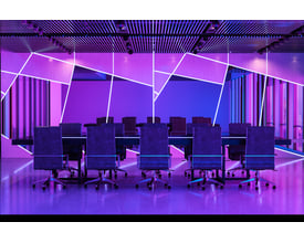 Ansell Lighting C-Cell Cob RGB LED bånd installeret i et moderne mødelokale med skiftende lilla og blå belysning.