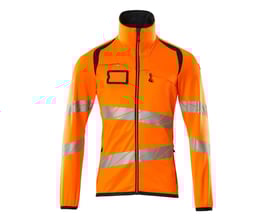 Mascot Hi-Vis fleecejakke i orange med mørk marine detaljer, vist med lynlås lukket og et afslappet kropsnært snit. Synlige reflekser og lommer er tydelige.